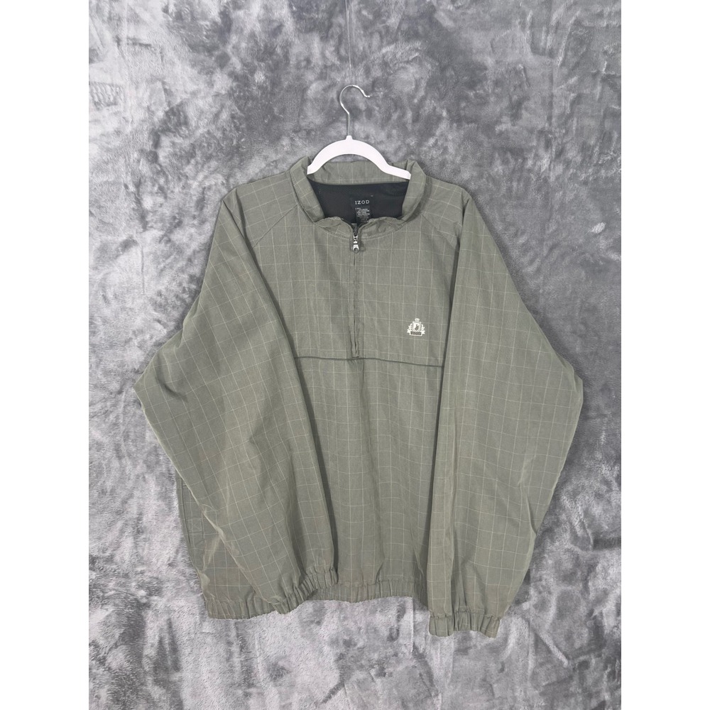 IZOD Mens XXL Quarter Zip Windbreaker Pullover Sage Green Plaid Grid Jacket